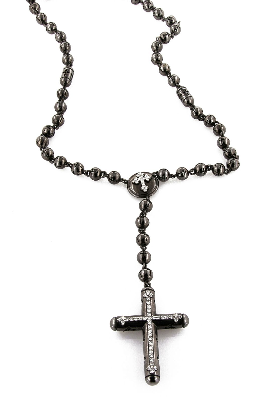 CROCE 01 — Black Rosary Necklace with Diamonds