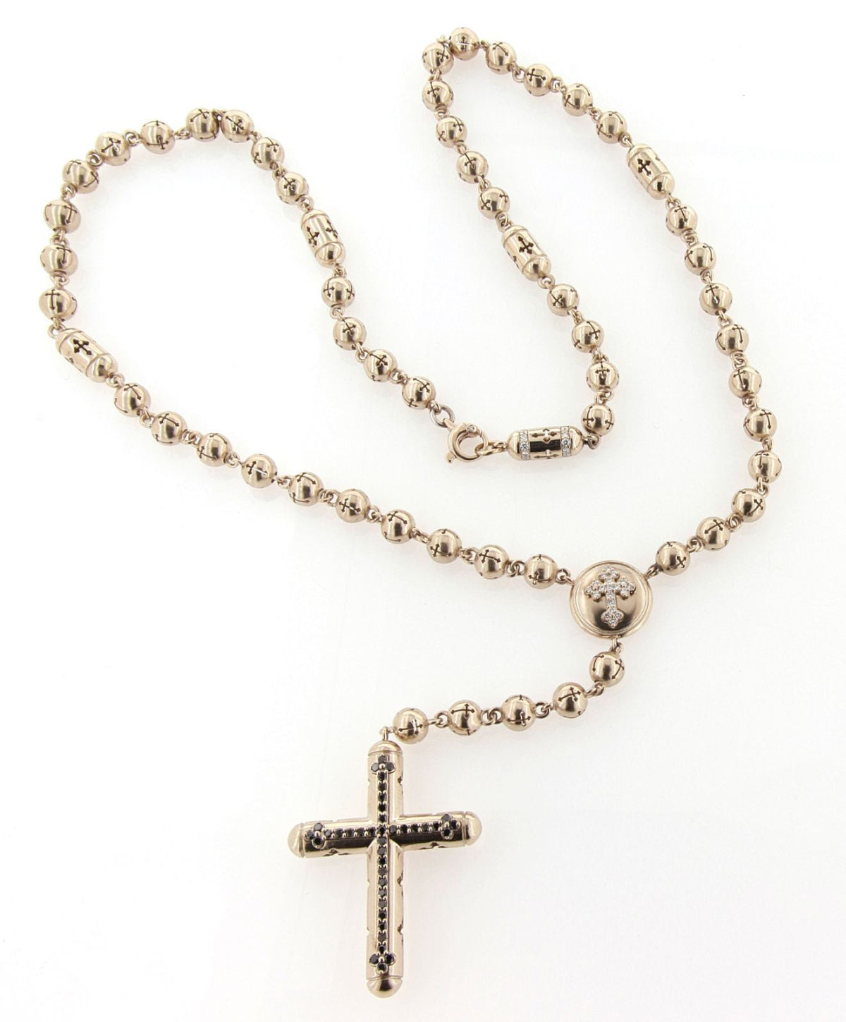 CROCE 03 — Gold Rosary Necklace with Black Diamonds