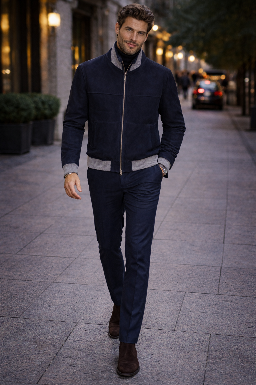 VELTO NEXUS Bomber Jacket Blue Suede & Grey Cashmere