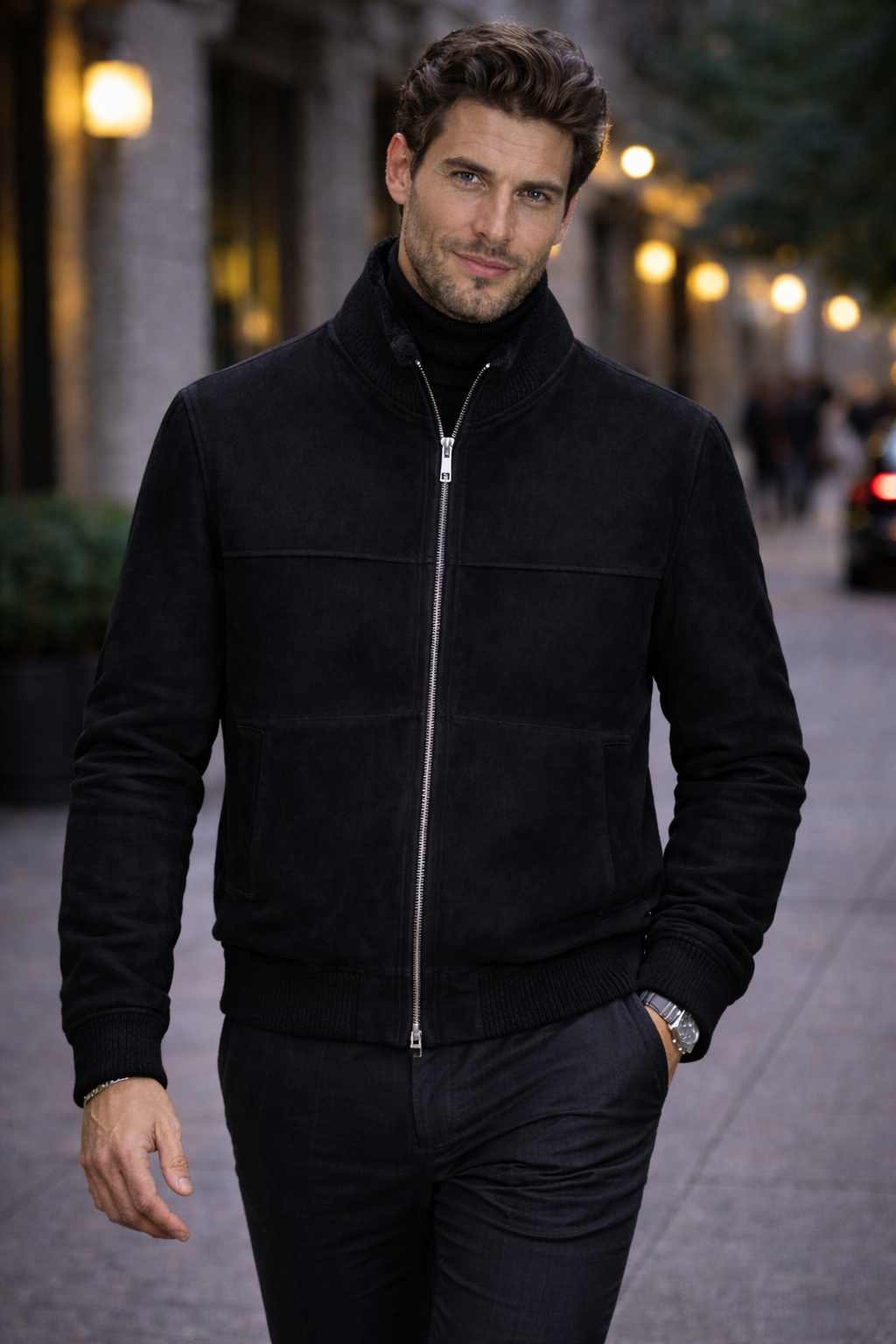 VELTO NEXUS Bomber Jacket Black Suede & Black Cashmere