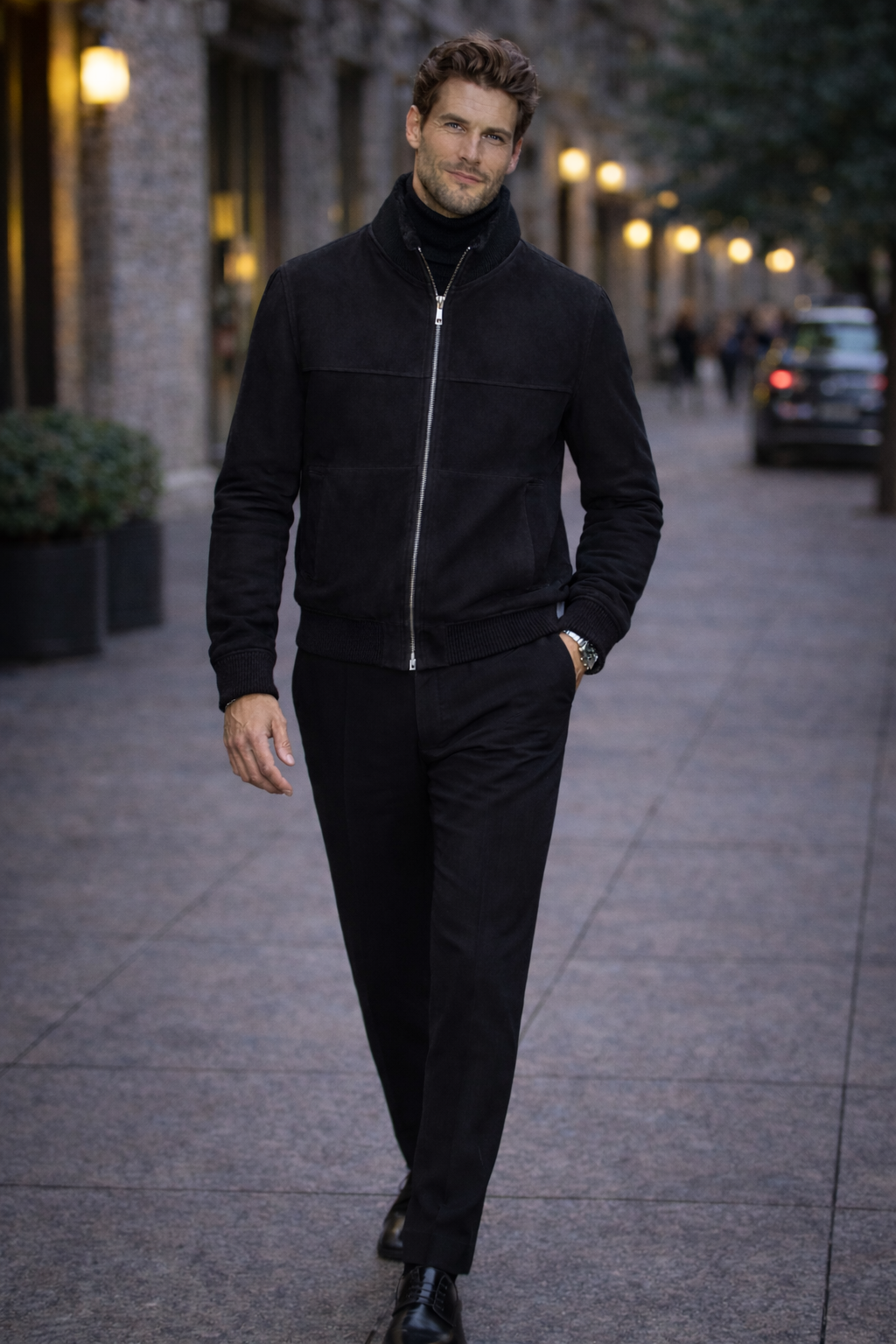 VELTO NEXUS Bomber Jacket Black Suede & Black Cashmere