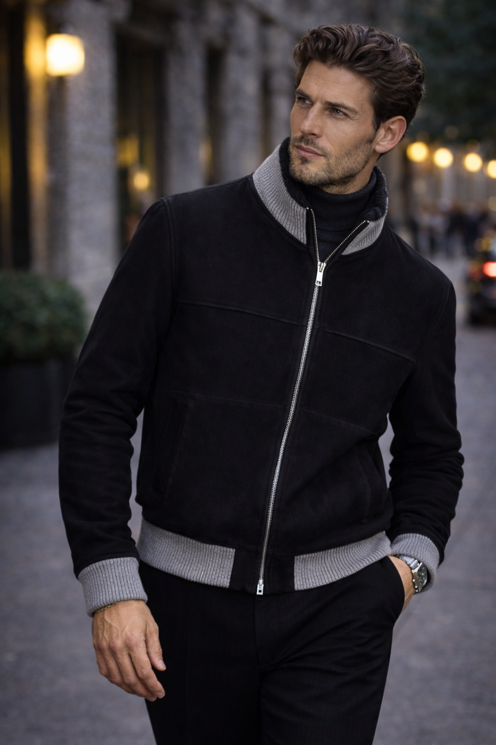 VELTO NEXUS Bomber Jacket Black Suede & Grey Cashmere