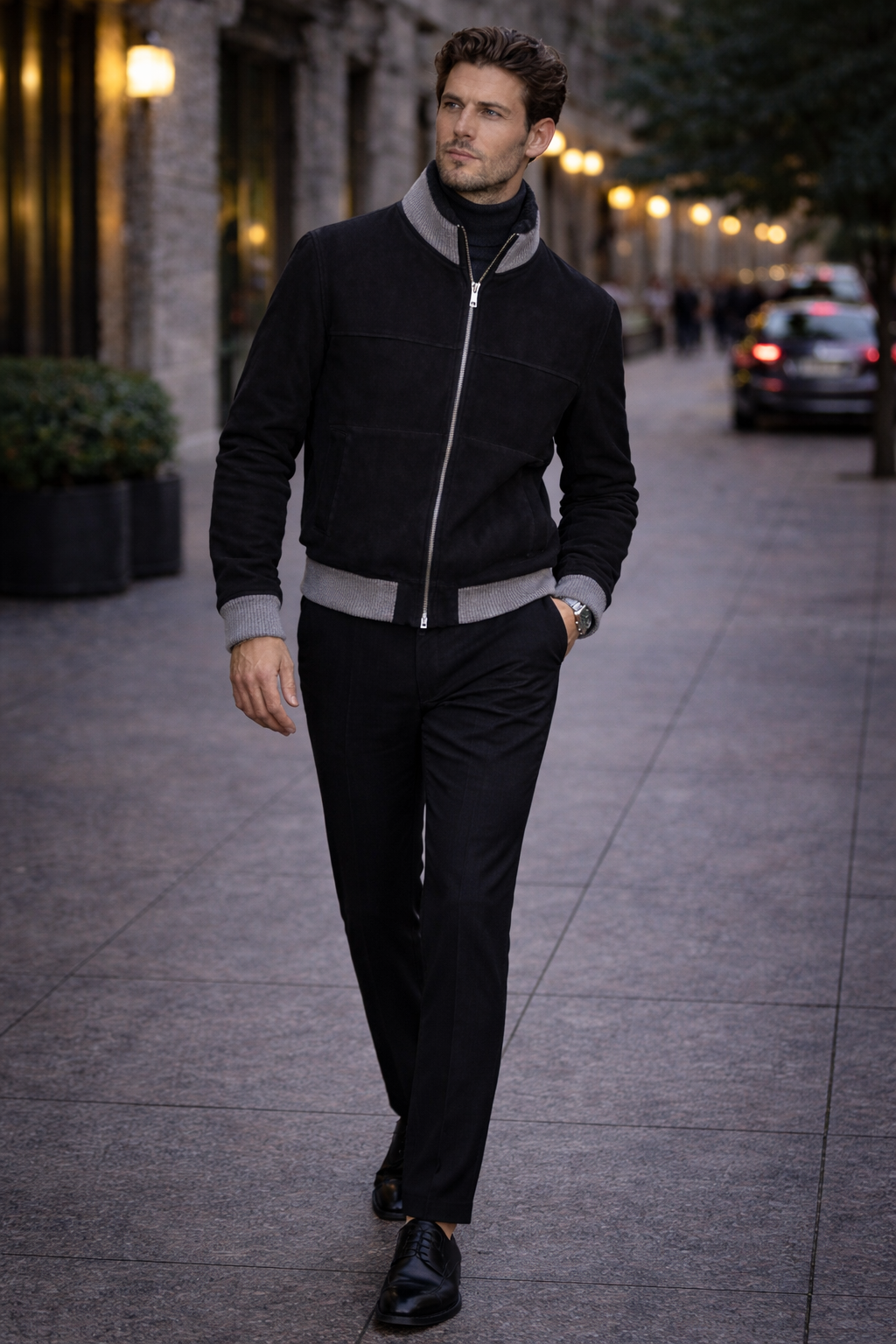 VELTO NEXUS Bomber Jacket Black Suede & Grey Cashmere