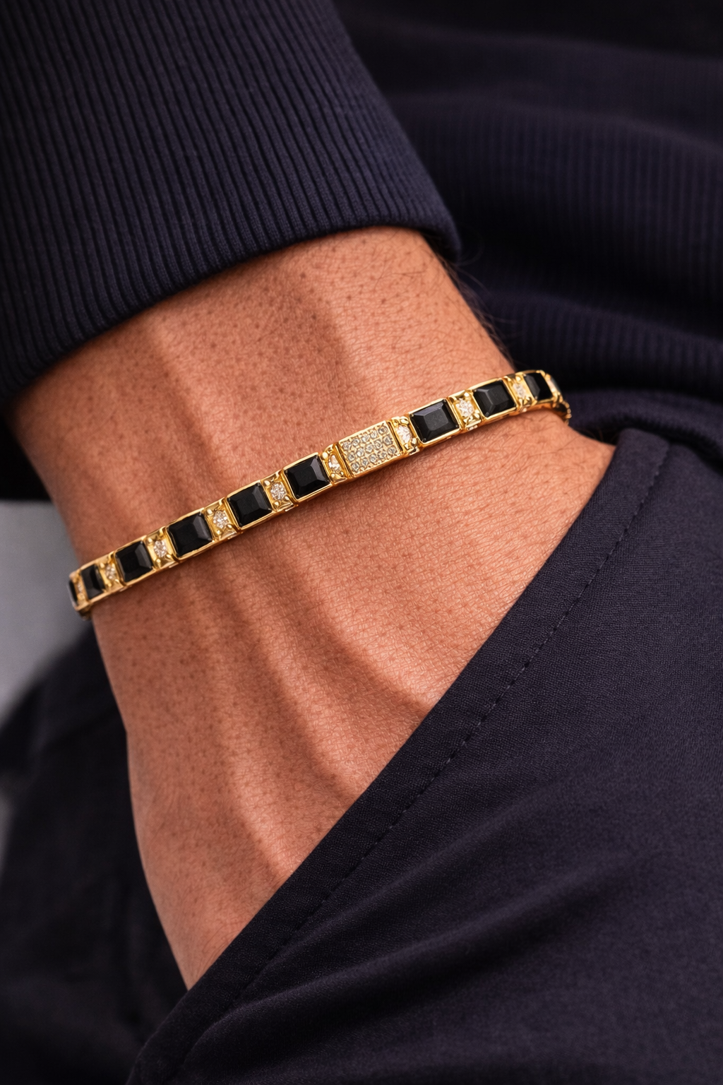 DOMINO 01 — Titanium Black Blocks and Gold with Diamond Center Bar Bracelet