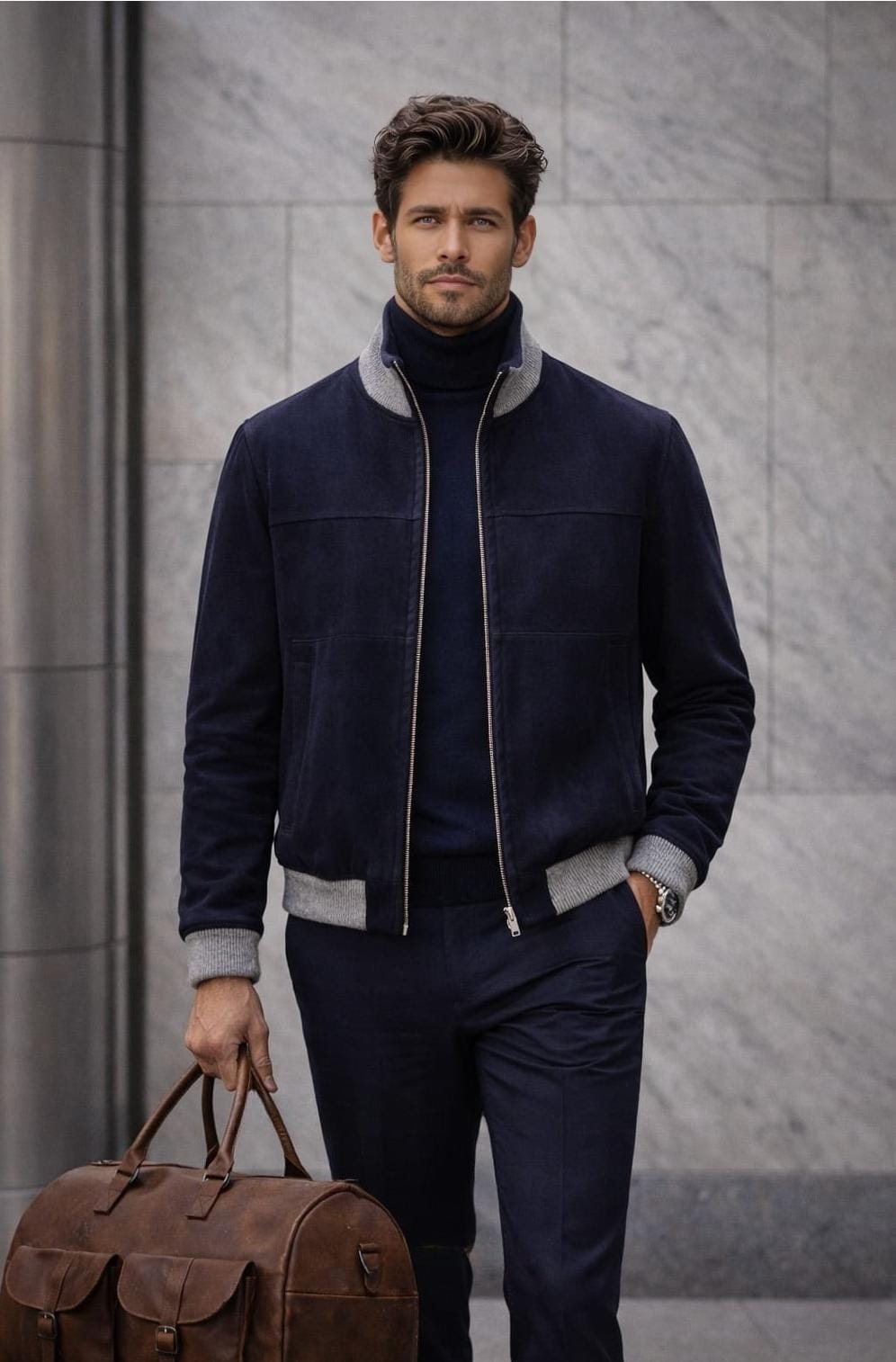 VELTO NEXUS Bomber Jacket Blue Suede & Grey Cashmere