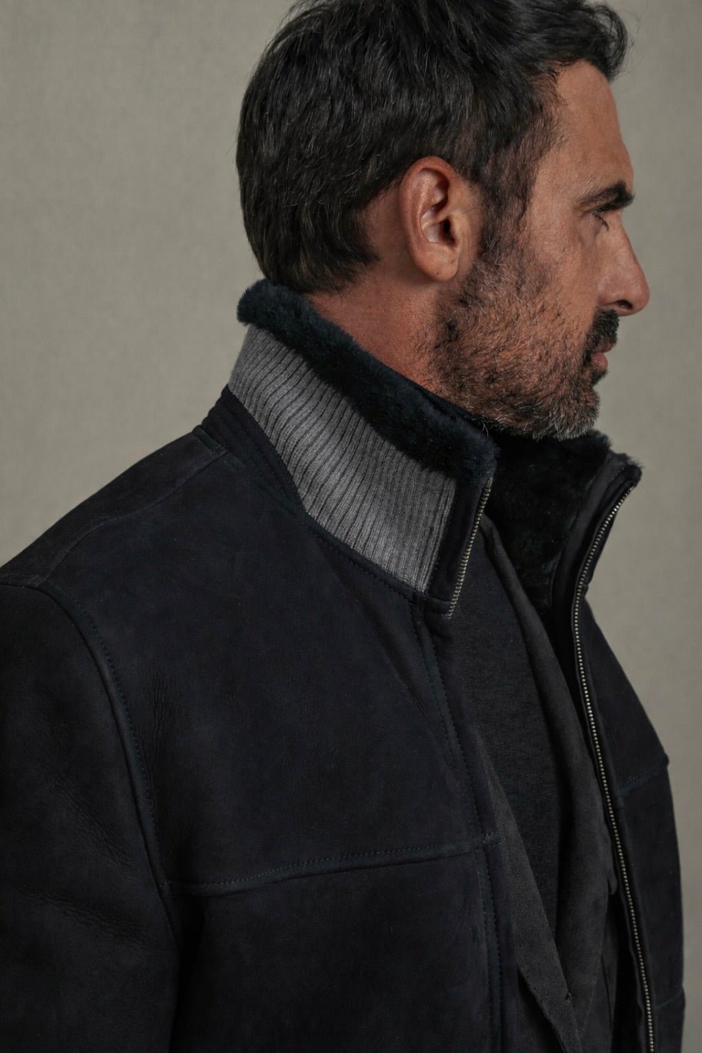 VELTO NEXUS Bomber Jacket Black Suede & Grey Cashmere