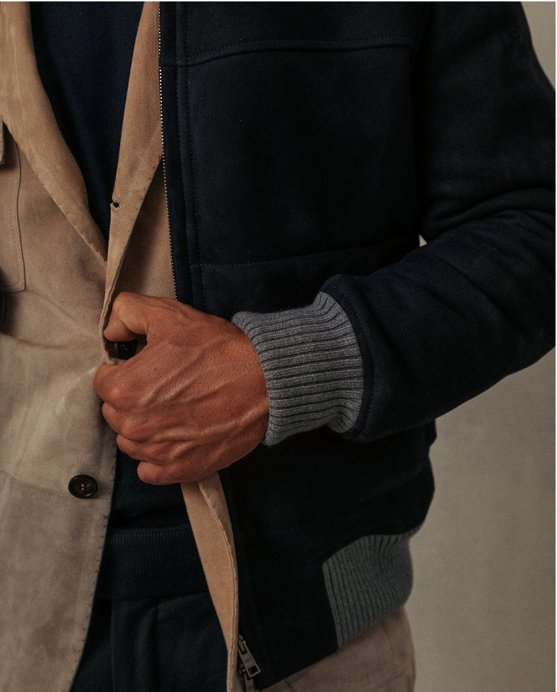 VELTO NEXUS Bomber Jacket Blue Suede & Grey Cashmere