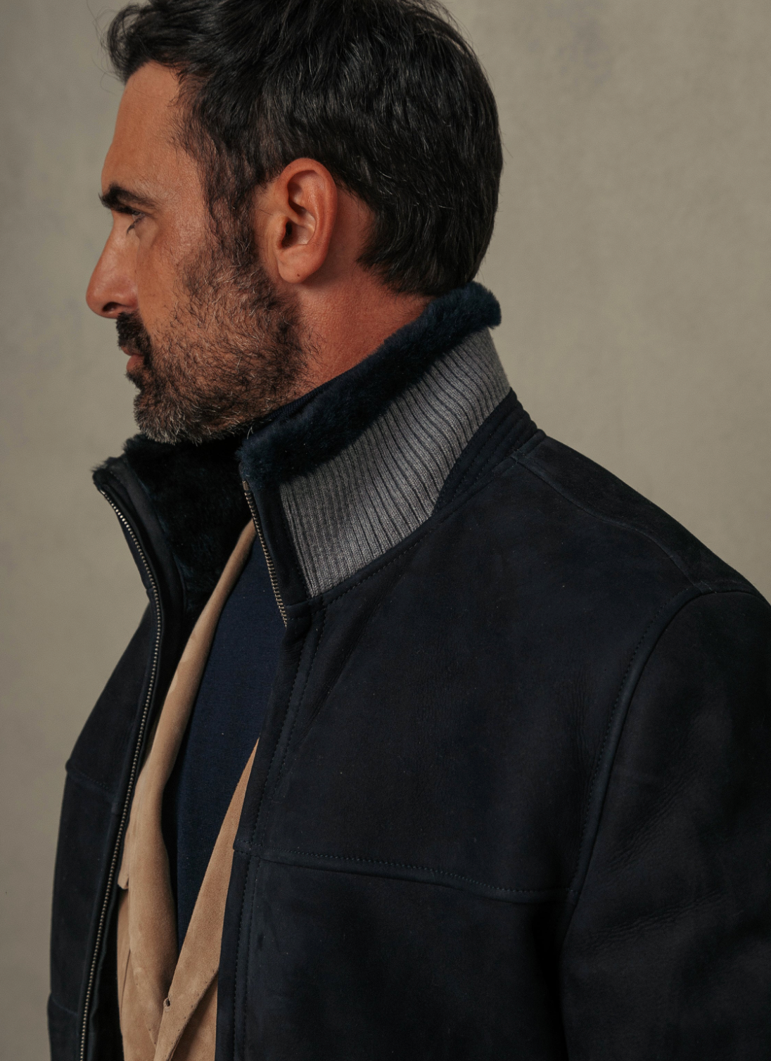 VELTO NEXUS Bomber Jacket Blue Suede & Grey Cashmere