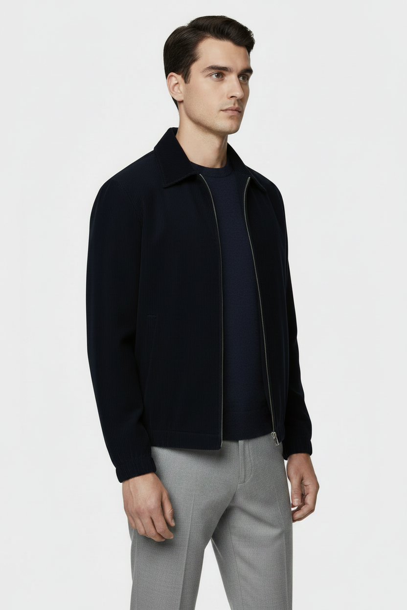 Navy Blue Corduroy Blouson — Front on Model