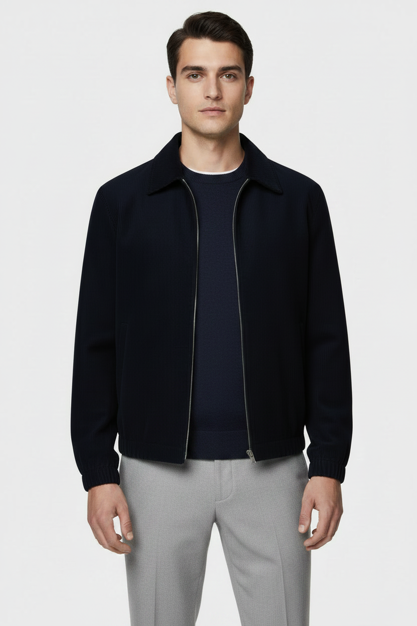 Navy Blue Corduroy Blouson — Model Front Open