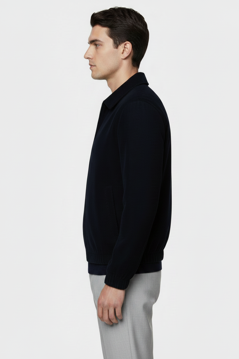 Navy Blue Corduroy Blouson — Side on Model